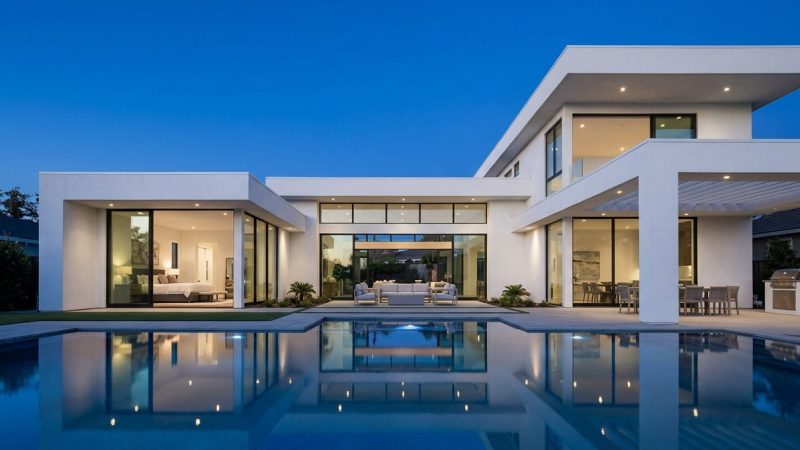Modern white luxury home with large glass doors, outdoor patio seating, and a pool reflecting the blue sky.