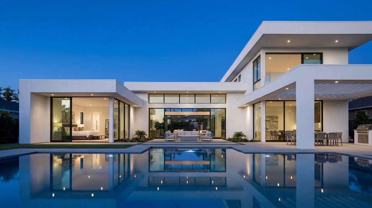 Modern white luxury home with large glass doors, outdoor patio seating, and a pool reflecting the blue sky.