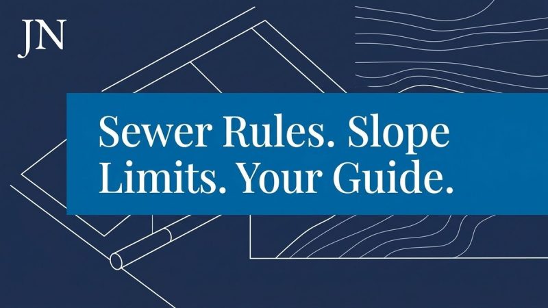 Blue background with white blueprint lines, including a pipe and contour lines. Text: "Sewer Rules. Slope Limits. Your Guide.
