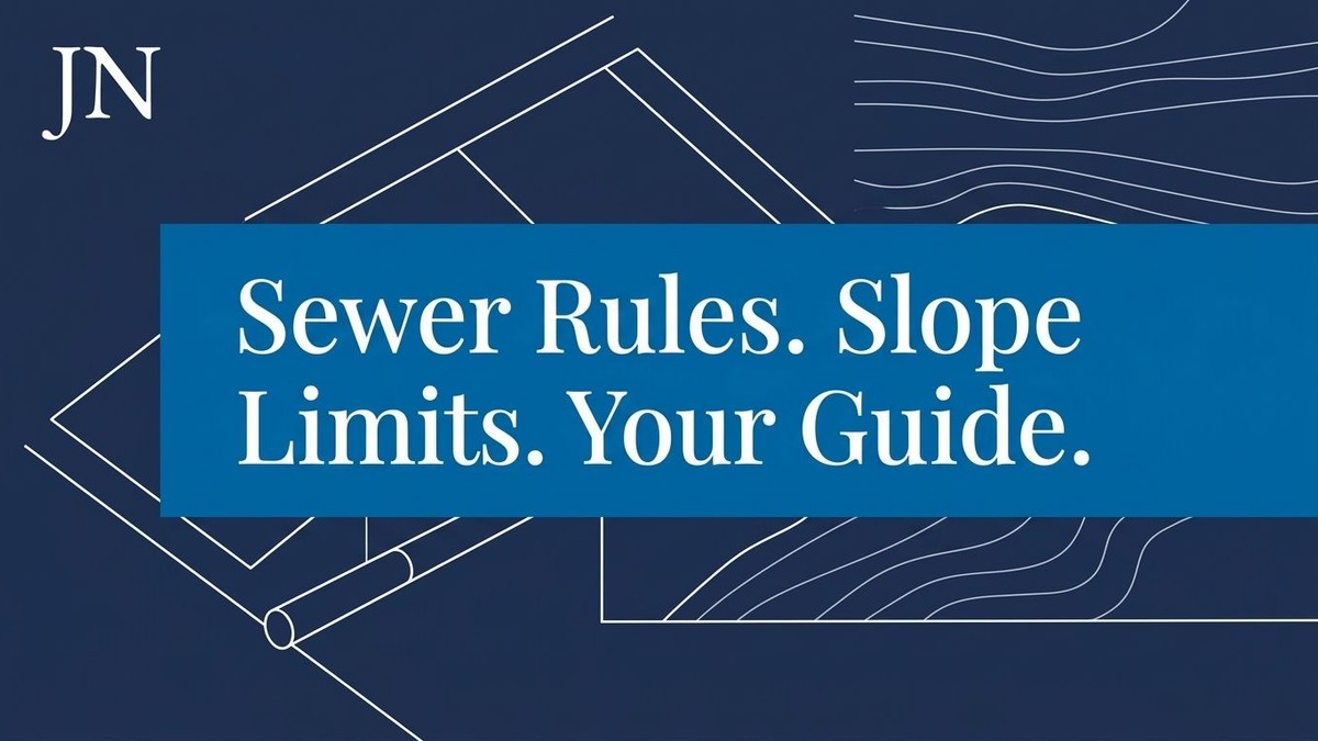 Blue background with white blueprint lines, including a pipe and contour lines. Text: "Sewer Rules. Slope Limits. Your Guide.
