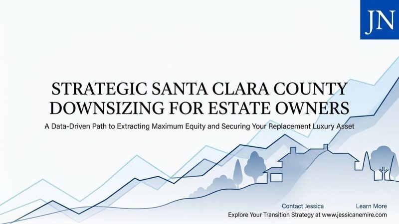 A graph with upward trends, houses, and trees, illustrating Santa Clara County downsizing.