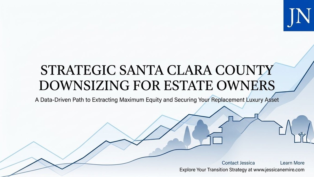 A graph with upward trends, houses, and trees, illustrating Santa Clara County downsizing.