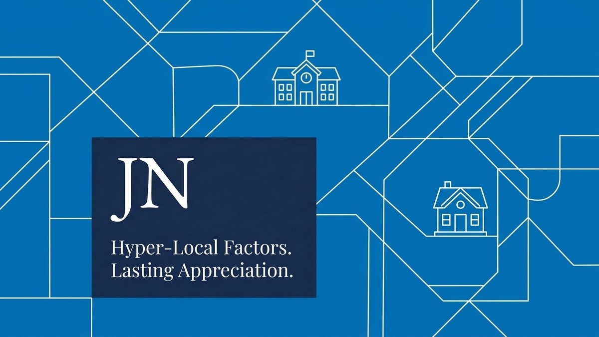 Blue background with white geometric lines, house and school icons, and a dark blue box with "JN Hyper-Local Factors. Lasting