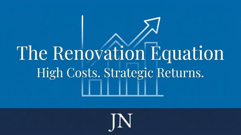 Blue graphic with a rising line graph and bar chart, text "The Renovation Equation" and "High Costs. Strategic Returns.