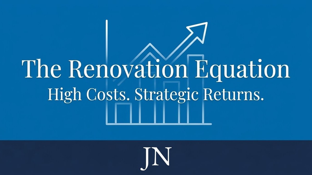Blue graphic with a rising line graph and bar chart, text "The Renovation Equation" and "High Costs. Strategic Returns.