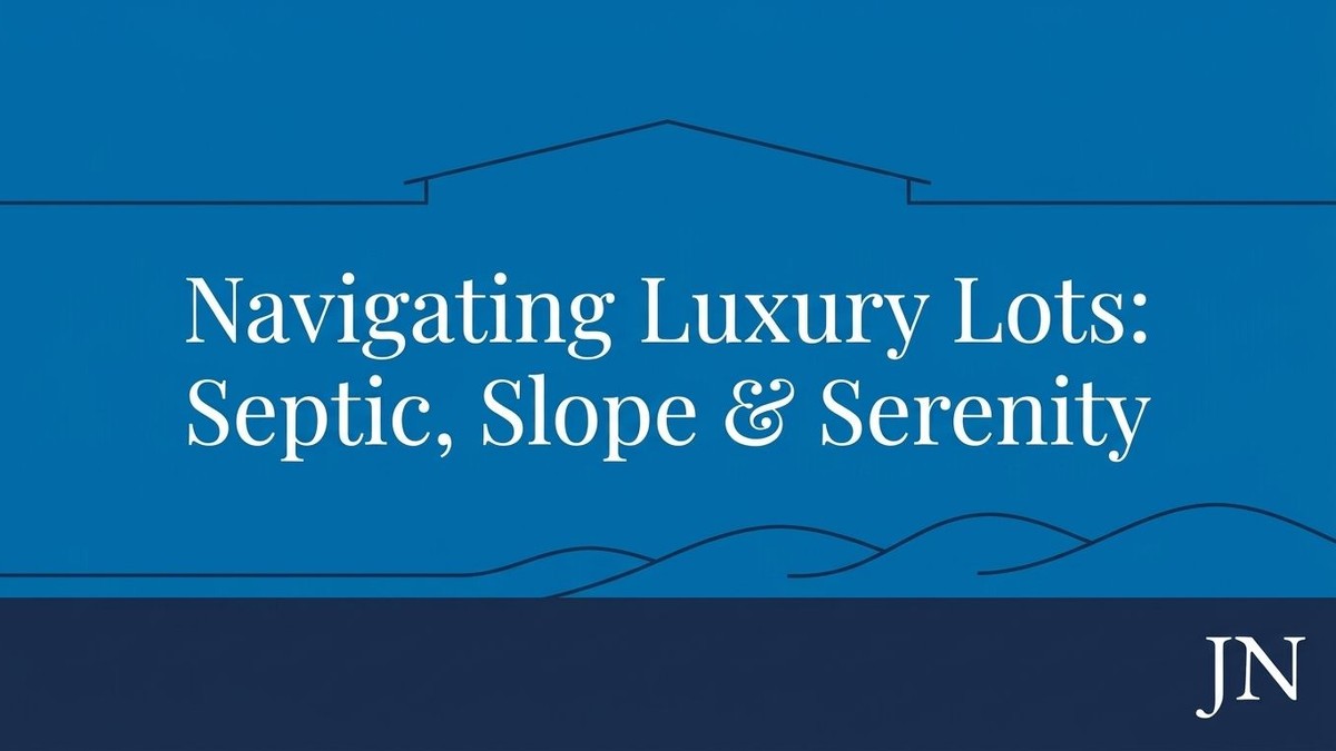 Blue graphic with white text: "Navigating Luxury Lots: Septic, Slope & Serenity." A house outline and hills are visible.