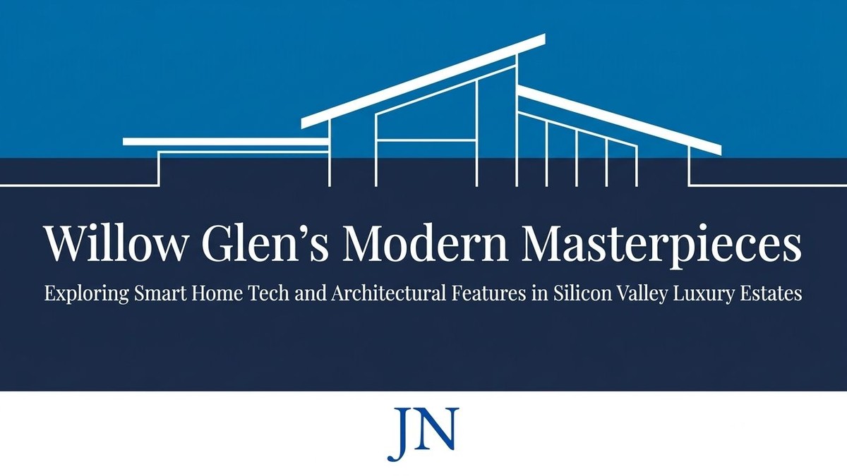 White outline of a modern house on a blue background, text below about Silicon Valley luxury homes.