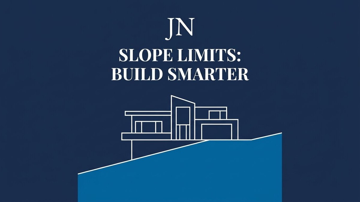 White outline of a modern house on a blue hillside, with text "JN SLOPE LIMITS: BUILD SMARTER".