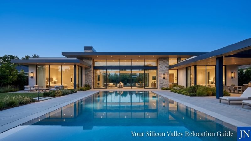 Modern luxury home with a large swimming pool, stone accents, and expansive glass walls at dusk.