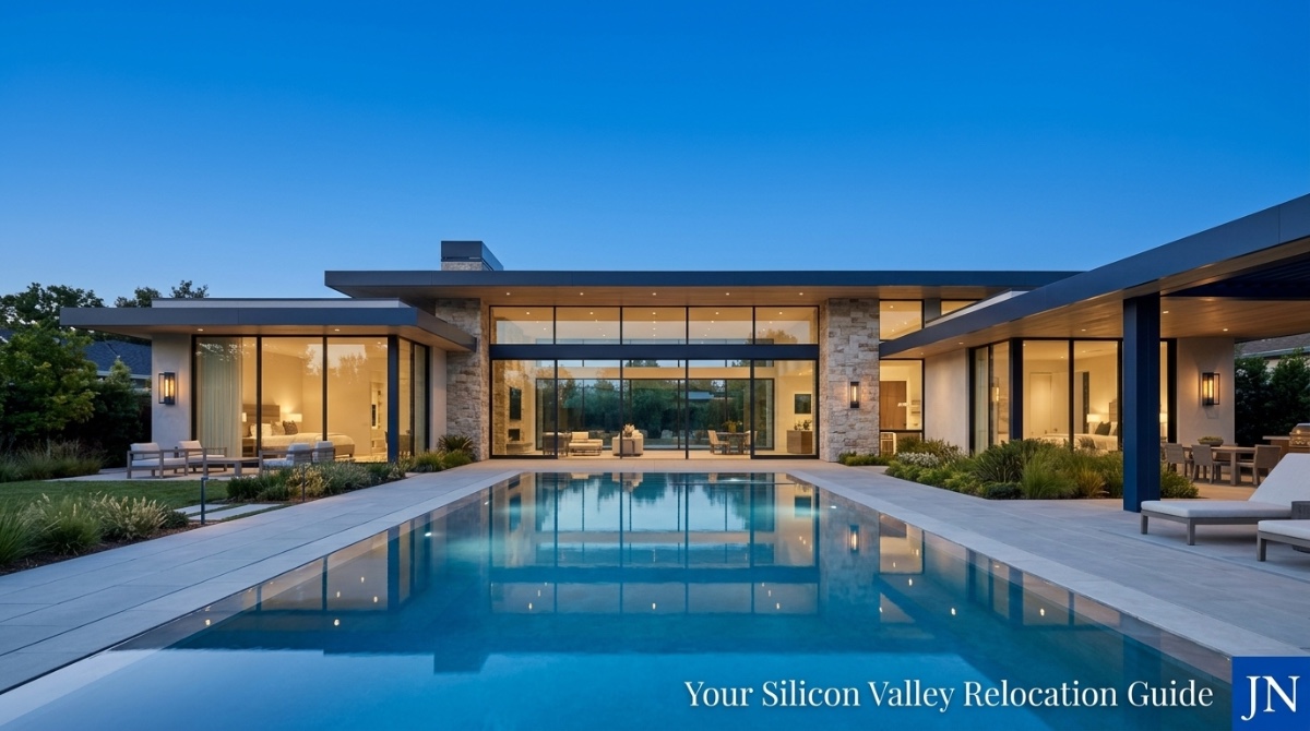 Modern luxury home with a large swimming pool, stone accents, and expansive glass walls at dusk.